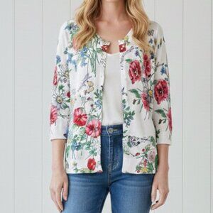Talbots Petites Cardigan Sweater White Floral Button Down Medium Modern Preppy
